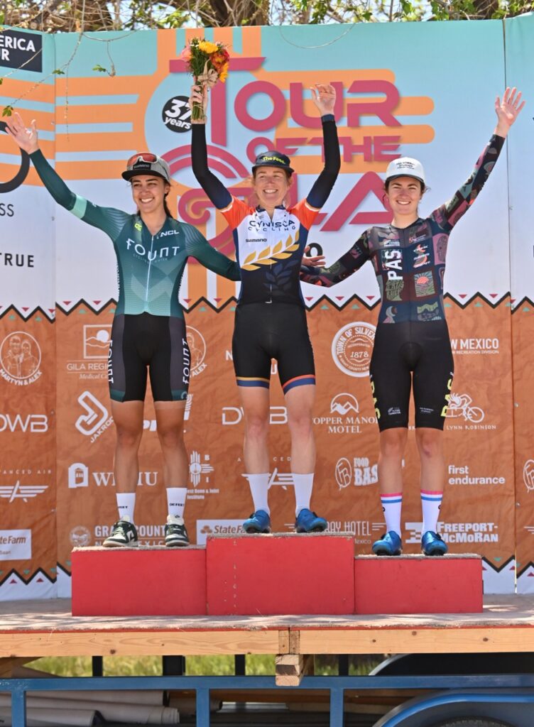 Photo by Brian Hodes. On the third step is Cécile Lejeune, who has made a habit of training in Silver City in 2024. She earned a podium slot at the 2024 Tour of the Gila Tyrone Time Trial and placed just outside the Top 10 overall at the 2024 Tour of the Gila. She went on to win the Oregon Trail Gravel Grinder after a two-week training block in southwest New Mexico.